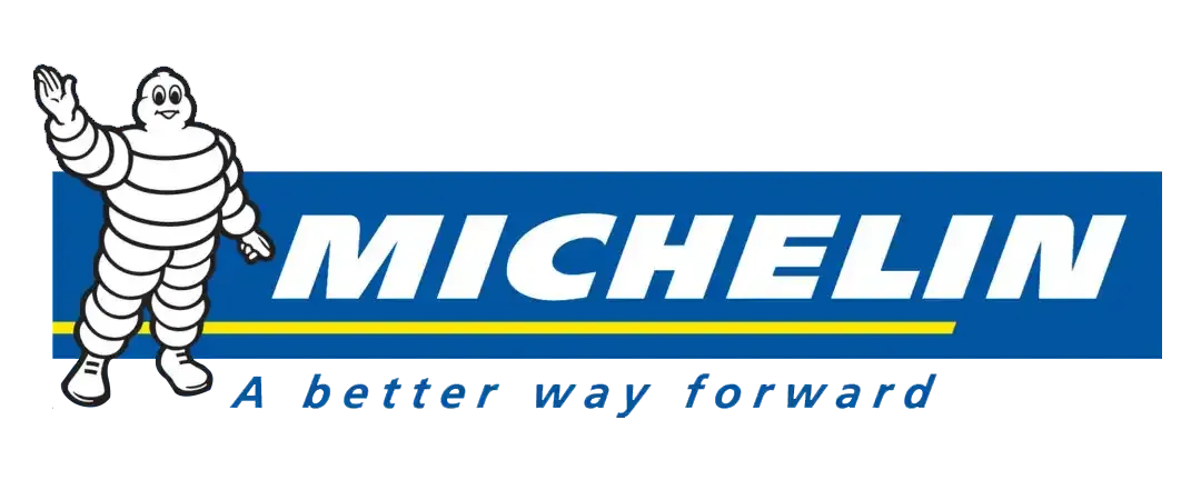 Michelin Man waving next to the word MICHELIN in a blue rectangle, with 